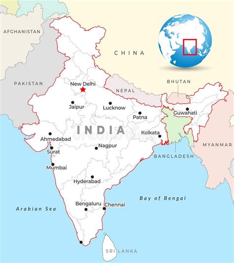 India térképe, kiemelve a nagyobb városokat, mint Delhi, Mumbai, Bangalore
