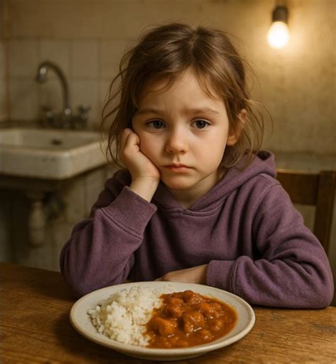 Gyermek ül az asztalnál, előtte egy tál étellel, de nem eszik.