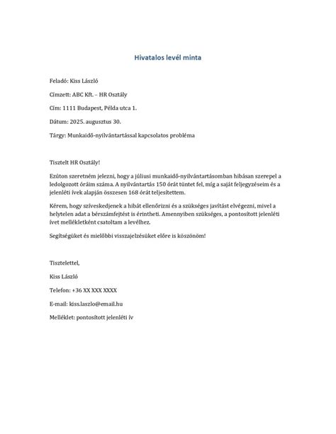 Minta egy hivatalos szabadság kérelemről