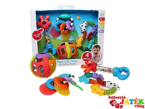 Különböző típusú bébijátékok: rágókák, textilkönyvek, csörgők